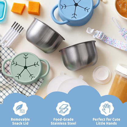 2 Pack Stainless Steel Snack Containers for Toddlers with Spill-Proof Silicone Lids and Handles, Food Grade Snack Cups for Toddlers Kid（Green and Blue）