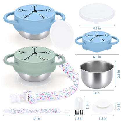 2 Pack Stainless Steel Snack Containers for Toddlers with Spill-Proof Silicone Lids and Handles, Food Grade Snack Cups for Toddlers Kid（Green and Blue）