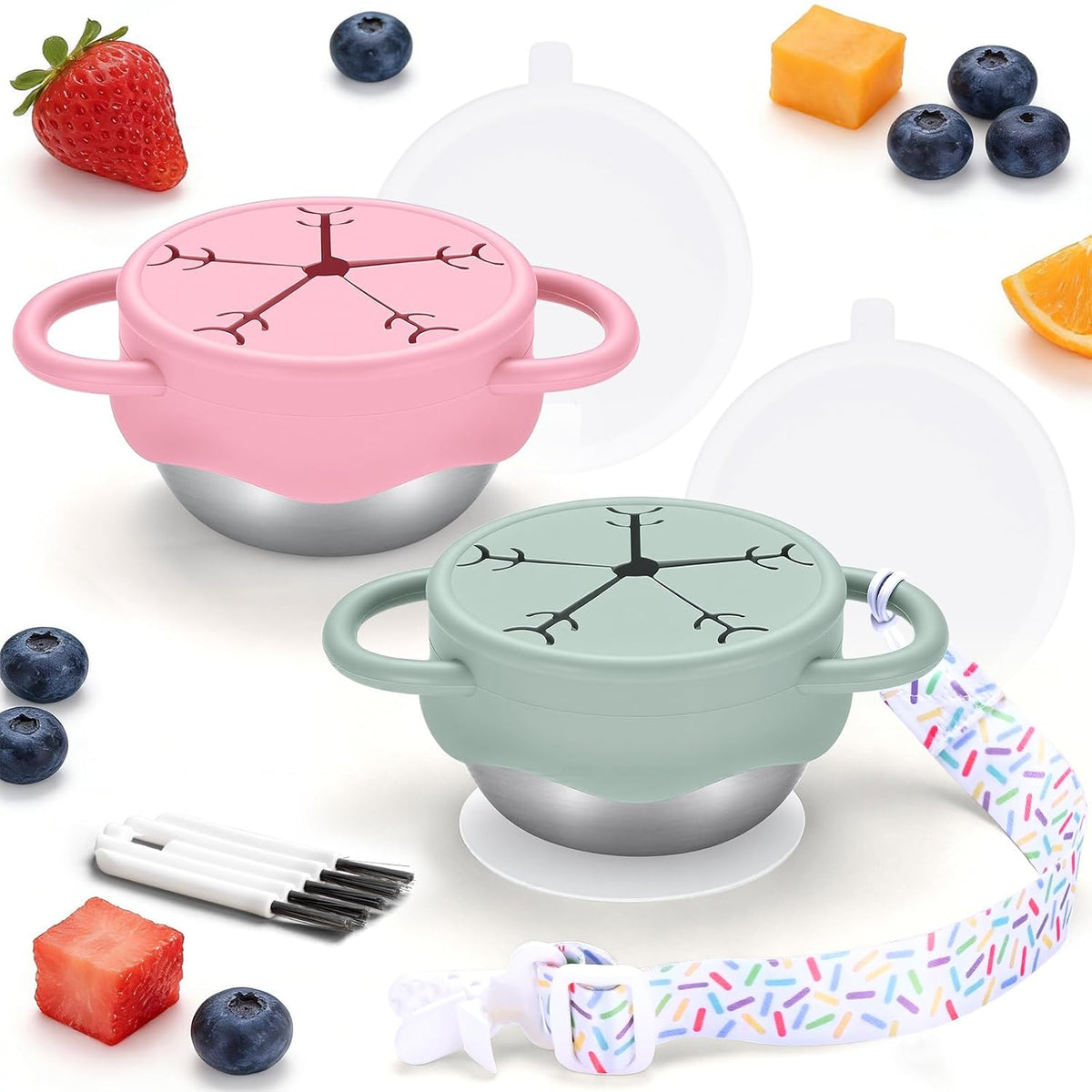 2 Pack Stainless Steel Snack Containers for Toddlers with Spill-Proof Silicone Lids and Handles, Food Grade Snack Cups for Toddlers Kid（Green and Blue）