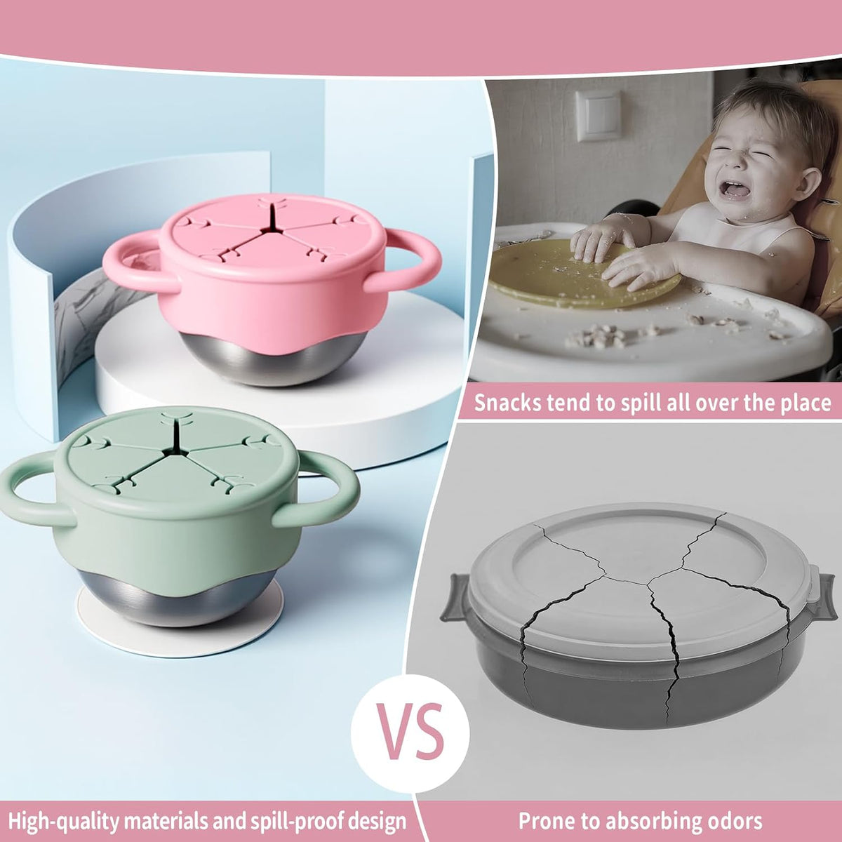2 Pack Stainless Steel Snack Containers for Toddlers with Spill-Proof Silicone Lids and Handles, Food Grade Snack Cups for Toddlers Kid（Green and Blue）