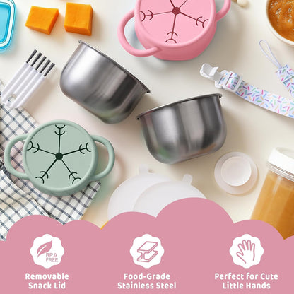 2 Pack Stainless Steel Snack Containers for Toddlers with Spill-Proof Silicone Lids and Handles, Food Grade Snack Cups for Toddlers Kid（Green and Blue）