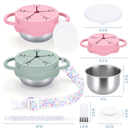 2 Pack Stainless Steel Snack Containers for Toddlers with Spill-Proof Silicone Lids and Handles, Food Grade Snack Cups for Toddlers Kid（Green and Blue）
