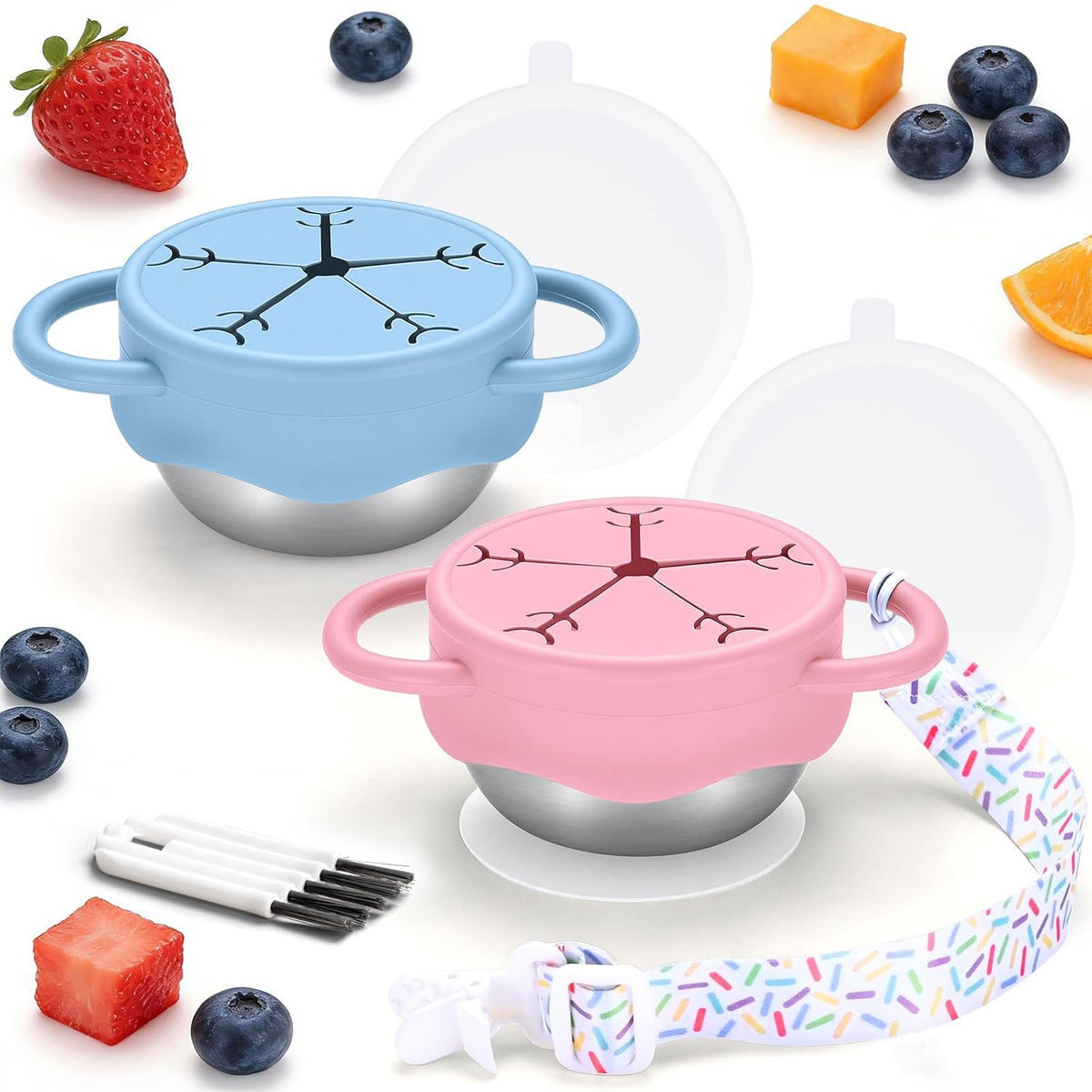 2 Pack Stainless Steel Snack Containers for Toddlers with Spill-Proof Silicone Lids and Handles, Food Grade Snack Cups for Toddlers Kid（Green and Blue）