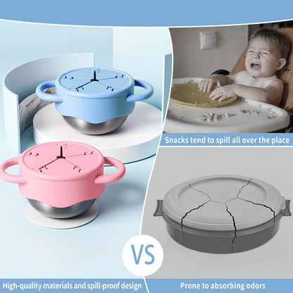 2 Pack Stainless Steel Snack Containers for Toddlers with Spill-Proof Silicone Lids and Handles, Food Grade Snack Cups for Toddlers Kid（Green and Blue）
