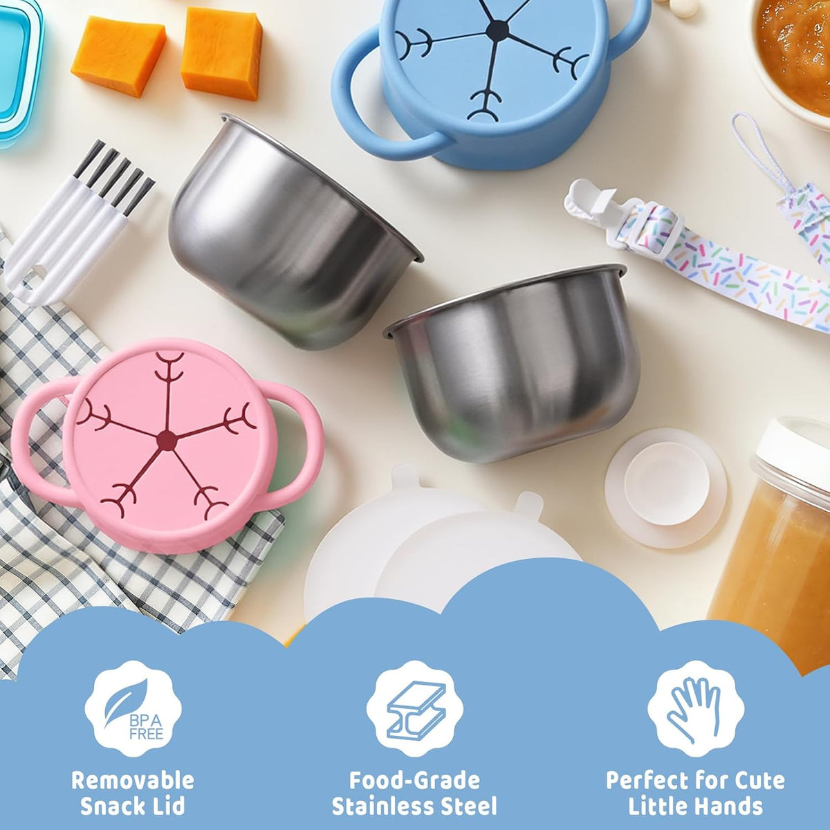 2 Pack Stainless Steel Snack Containers for Toddlers with Spill-Proof Silicone Lids and Handles, Food Grade Snack Cups for Toddlers Kid（Green and Blue）
