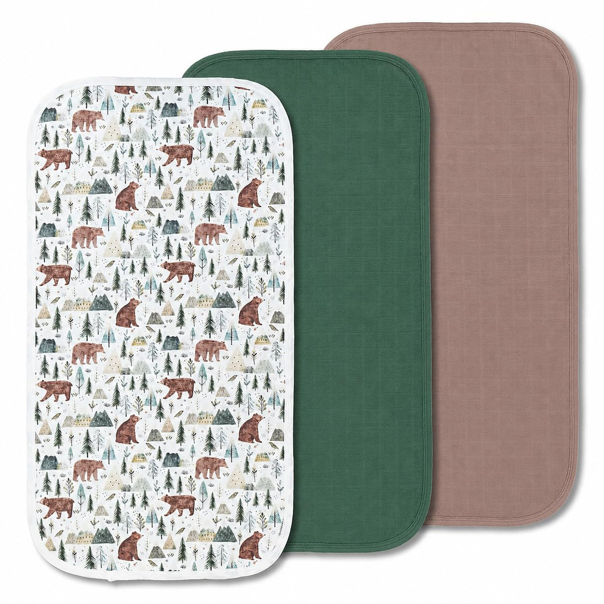 Miaoberry Organic Muslin Portable Changing Pad Liner – Waterproof Reusable Baby Diaper Changing Pad Cover for Travel, Forest Woodland Bear, 3 Pack