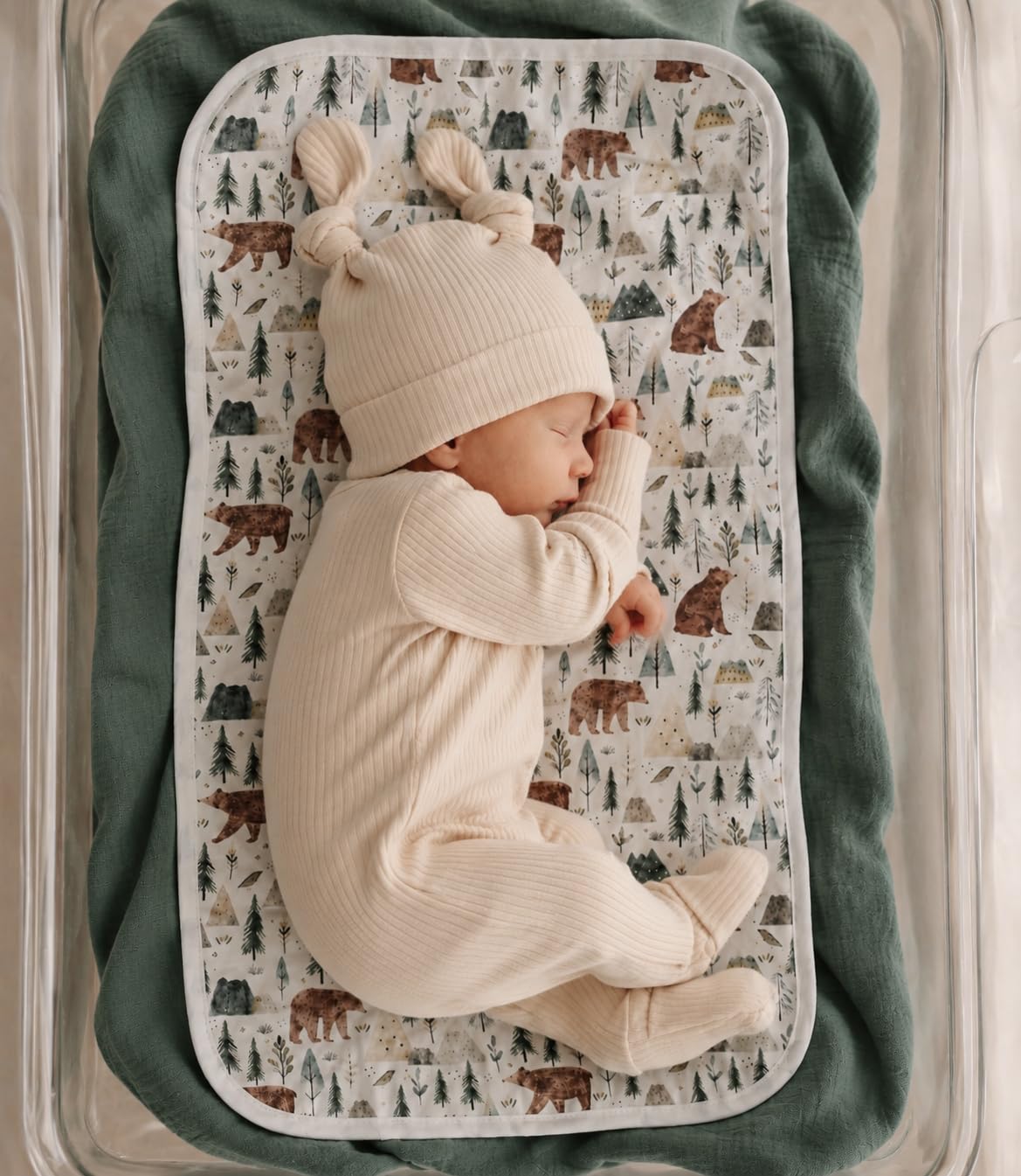 Miaoberry Organic Muslin Portable Changing Pad Liner – Waterproof Reusable Baby Diaper Changing Pad Cover for Travel, Forest Woodland Bear, 3 Pack