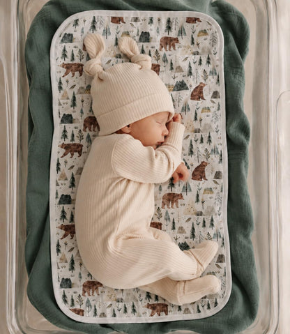 Miaoberry Organic Muslin Portable Changing Pad Liner – Waterproof Reusable Baby Diaper Changing Pad Cover for Travel, Forest Woodland Bear, 3 Pack