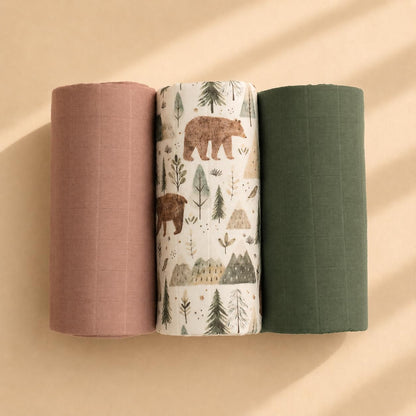 Miaoberry Organic Muslin Portable Changing Pad Liner – Waterproof Reusable Baby Diaper Changing Pad Cover for Travel, Forest Woodland Bear, 3 Pack