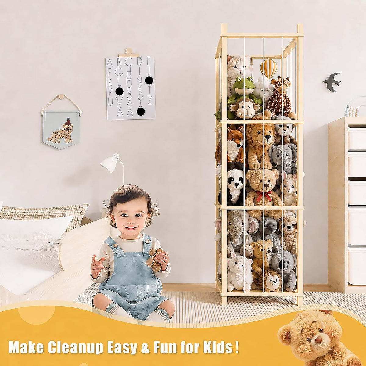 Solid Pine Stuffed Animal Storage, 56" Large Wooden Toy Organizer Tower