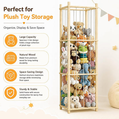 Solid Pine Stuffed Animal Storage, 56" Large Wooden Toy Organizer Tower