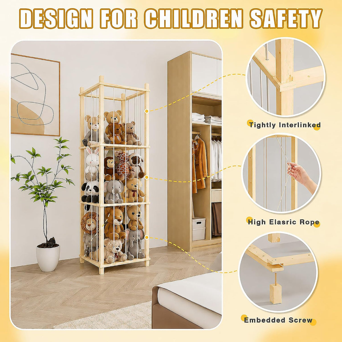 Solid Pine Stuffed Animal Storage, 56" Large Wooden Toy Organizer Tower