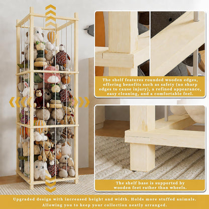 Solid Pine Stuffed Animal Storage, 56" Large Wooden Toy Organizer Tower