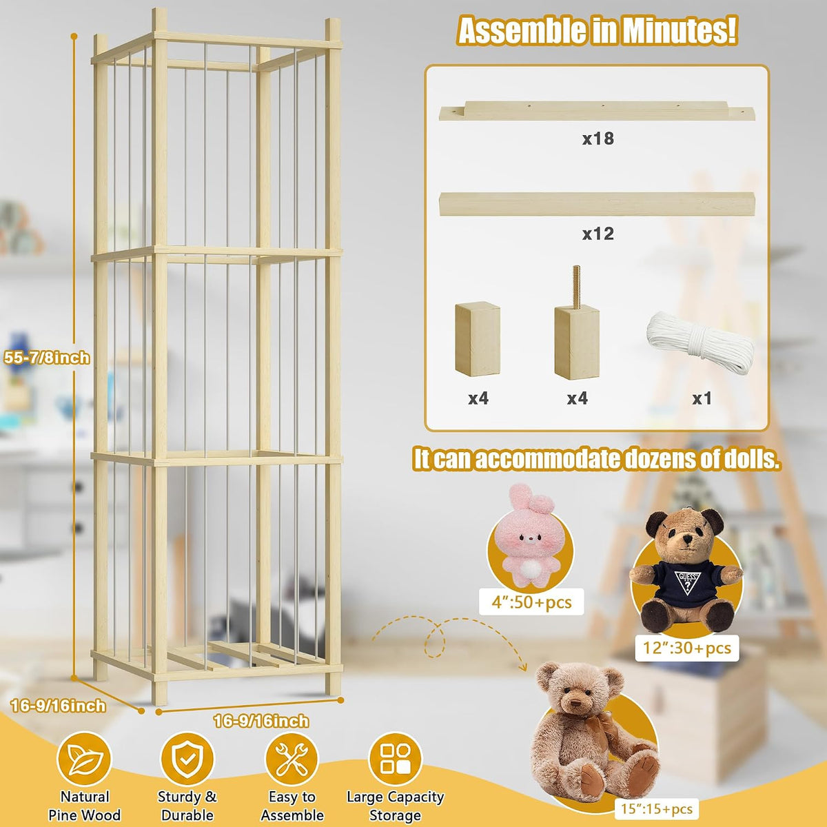 Solid Pine Stuffed Animal Storage, 56" Large Wooden Toy Organizer Tower