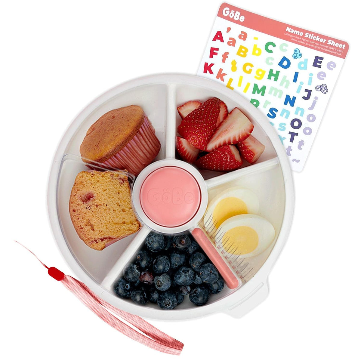 Small Snack Spinner Flip Bundle with Hand Strap and Sticker Sheet - Reusable Snack Container with 5 Compartment Dispenser and Lid | BPA/PVC Free | Dishwasher Safe | No Spill - Coral Pink