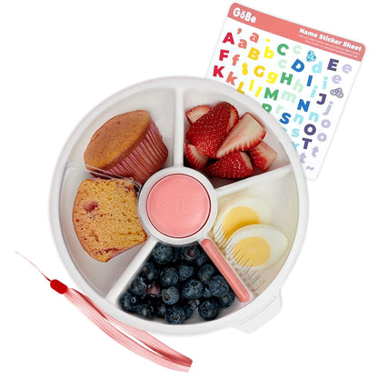 Small Snack Spinner Flip Bundle with Hand Strap and Sticker Sheet - Reusable Snack Container with 5 Compartment Dispenser and Lid | BPA/PVC Free | Dishwasher Safe | No Spill - Coral Pink