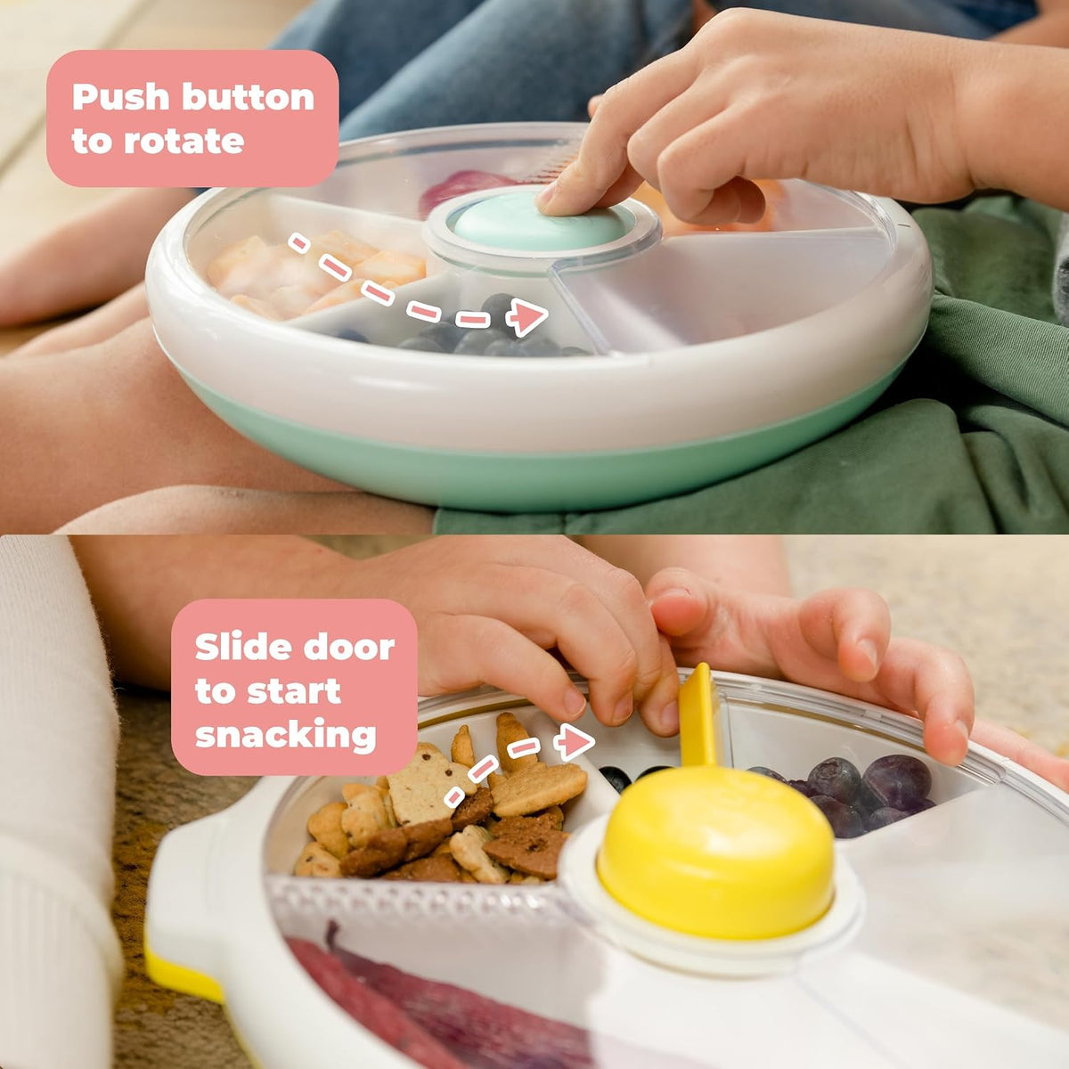 Small Snack Spinner Flip Bundle with Hand Strap and Sticker Sheet - Reusable Snack Container with 5 Compartment Dispenser and Lid | BPA/PVC Free | Dishwasher Safe | No Spill - Coral Pink