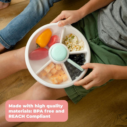 Small Snack Spinner Flip Bundle with Hand Strap and Sticker Sheet - Reusable Snack Container with 5 Compartment Dispenser and Lid | BPA/PVC Free | Dishwasher Safe | No Spill - Coral Pink