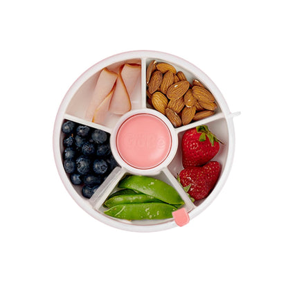 Small Snack Spinner Flip Bundle with Hand Strap and Sticker Sheet - Reusable Snack Container with 5 Compartment Dispenser and Lid | BPA/PVC Free | Dishwasher Safe | No Spill - Coral Pink