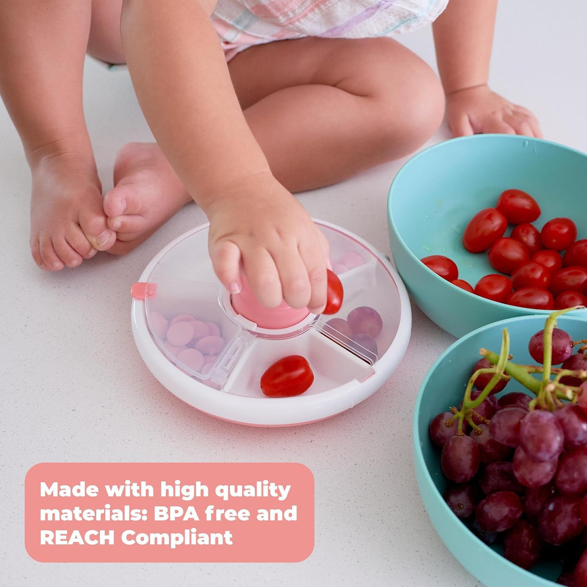 Small Snack Spinner Flip Bundle with Hand Strap and Sticker Sheet - Reusable Snack Container with 5 Compartment Dispenser and Lid | BPA/PVC Free | Dishwasher Safe | No Spill - Coral Pink