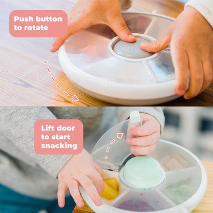 Small Snack Spinner Flip Bundle with Hand Strap and Sticker Sheet - Reusable Snack Container with 5 Compartment Dispenser and Lid | BPA/PVC Free | Dishwasher Safe | No Spill - Coral Pink