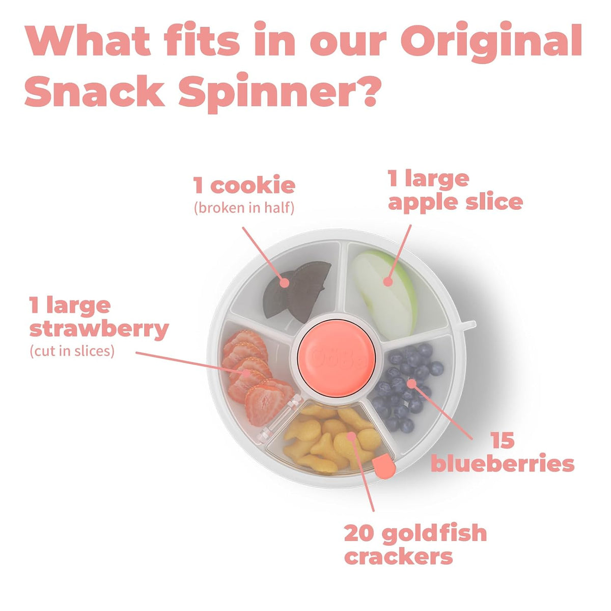 Small Snack Spinner Flip Bundle with Hand Strap and Sticker Sheet - Reusable Snack Container with 5 Compartment Dispenser and Lid | BPA/PVC Free | Dishwasher Safe | No Spill - Coral Pink