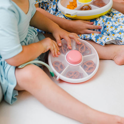 Small Snack Spinner Flip Bundle with Hand Strap and Sticker Sheet - Reusable Snack Container with 5 Compartment Dispenser and Lid | BPA/PVC Free | Dishwasher Safe | No Spill - Coral Pink