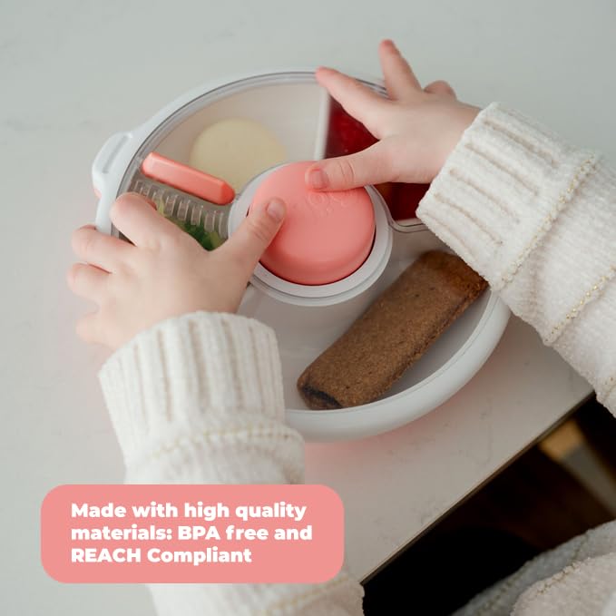 Small Snack Spinner Flip Bundle with Hand Strap and Sticker Sheet - Reusable Snack Container with 5 Compartment Dispenser and Lid | BPA/PVC Free | Dishwasher Safe | No Spill - Coral Pink