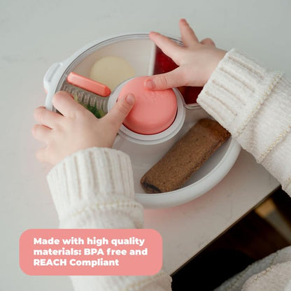 Small Snack Spinner Flip Bundle with Hand Strap and Sticker Sheet - Reusable Snack Container with 5 Compartment Dispenser and Lid | BPA/PVC Free | Dishwasher Safe | No Spill - Coral Pink