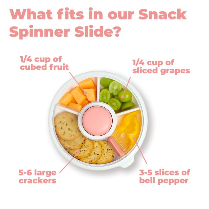 Small Snack Spinner Flip Bundle with Hand Strap and Sticker Sheet - Reusable Snack Container with 5 Compartment Dispenser and Lid | BPA/PVC Free | Dishwasher Safe | No Spill - Coral Pink