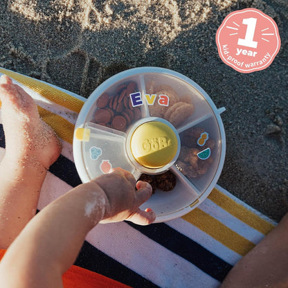 Small Snack Spinner Flip Bundle with Hand Strap and Sticker Sheet - Reusable Snack Container with 5 Compartment Dispenser and Lid | BPA/PVC Free | Dishwasher Safe | No Spill - Coral Pink