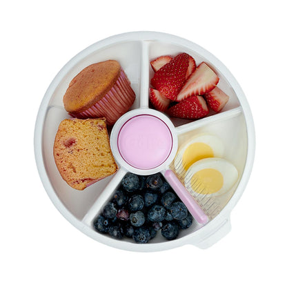 Small Snack Spinner Flip Bundle with Hand Strap and Sticker Sheet - Reusable Snack Container with 5 Compartment Dispenser and Lid | BPA/PVC Free | Dishwasher Safe | No Spill - Coral Pink