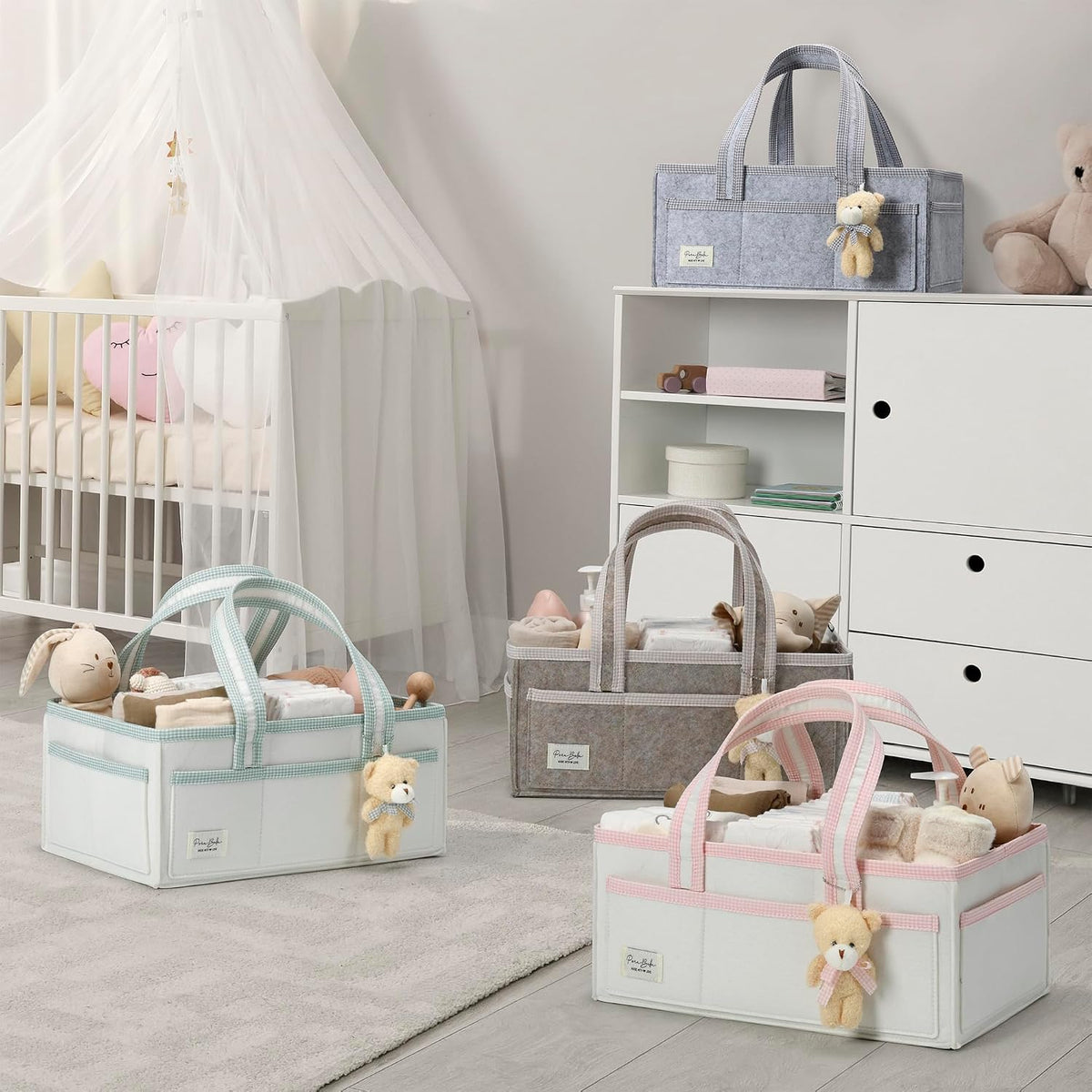 Diaper Caddy Organizer with Handle, Baby Shower Gifts Basket Bag, Registry Search Must Haves Items, Nursery Storage Organizer for Newborn Girl Boy, Baby Bag Essentials, Car Diaper Caddy Cart