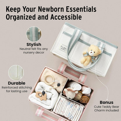Diaper Caddy Organizer with Handle, Baby Shower Gifts Basket Bag, Registry Search Must Haves Items, Nursery Storage Organizer for Newborn Girl Boy, Baby Bag Essentials, Car Diaper Caddy Cart