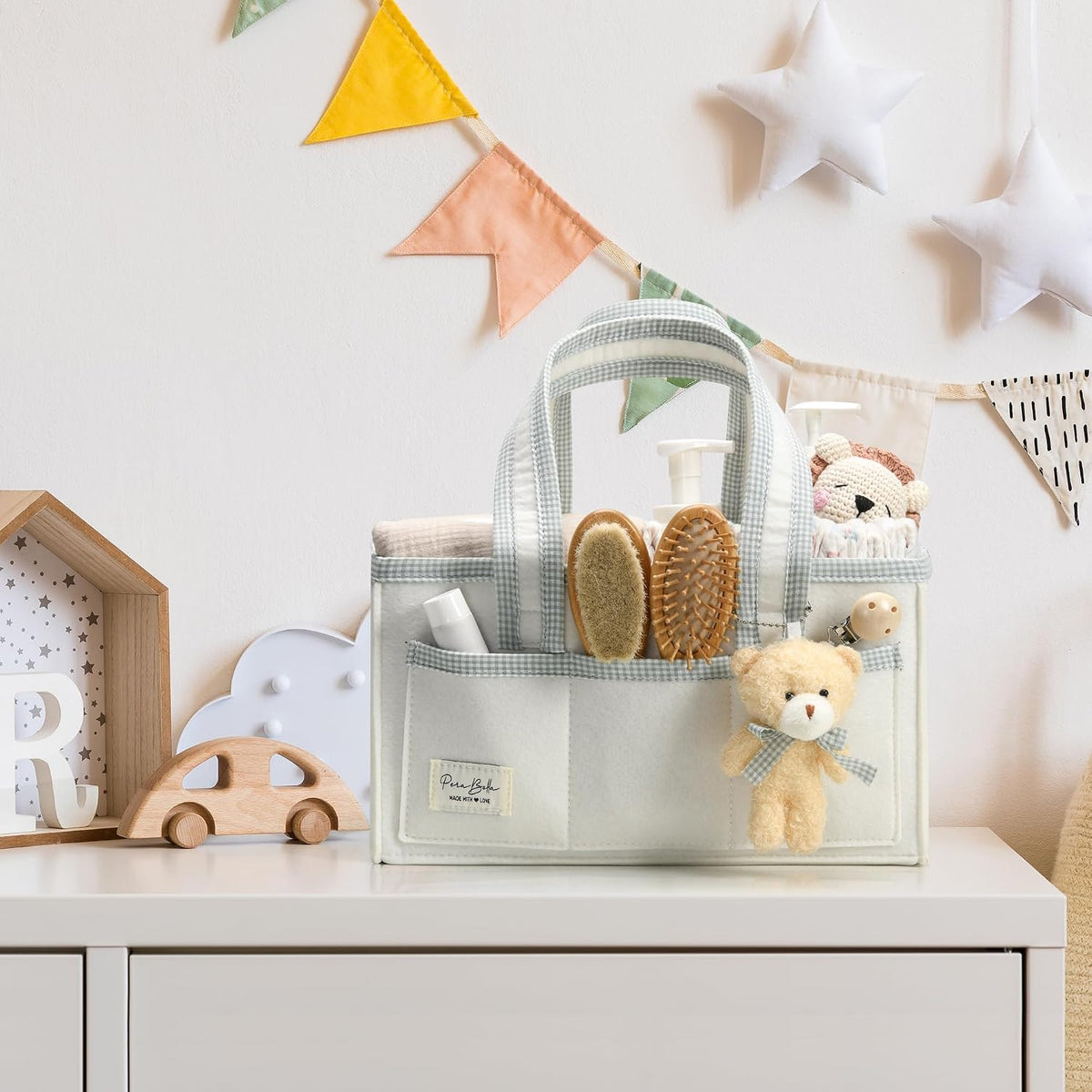 Diaper Caddy Organizer with Handle, Baby Shower Gifts Basket Bag, Registry Search Must Haves Items, Nursery Storage Organizer for Newborn Girl Boy, Baby Bag Essentials, Car Diaper Caddy Cart