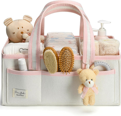 Diaper Caddy Organizer with Handle, Baby Shower Gifts Basket Bag, Registry Search Must Haves Items, Nursery Storage Organizer for Newborn Girl Boy, Baby Bag Essentials, Car Diaper Caddy Cart