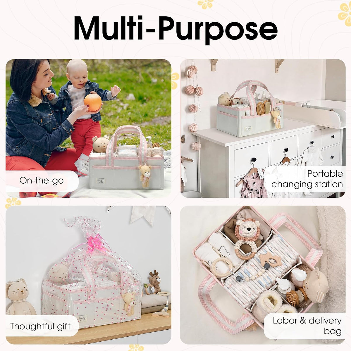 Diaper Caddy Organizer with Handle, Baby Shower Gifts Basket Bag, Registry Search Must Haves Items, Nursery Storage Organizer for Newborn Girl Boy, Baby Bag Essentials, Car Diaper Caddy Cart