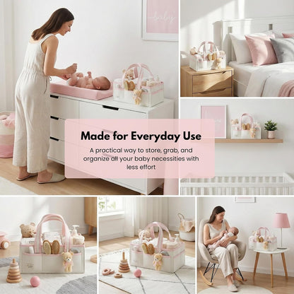 Diaper Caddy Organizer with Handle, Baby Shower Gifts Basket Bag, Registry Search Must Haves Items, Nursery Storage Organizer for Newborn Girl Boy, Baby Bag Essentials, Car Diaper Caddy Cart