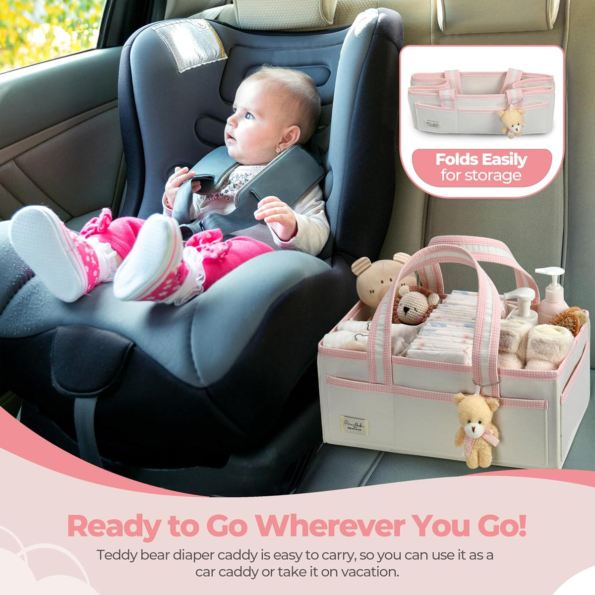 Diaper Caddy Organizer with Handle, Baby Shower Gifts Basket Bag, Registry Search Must Haves Items, Nursery Storage Organizer for Newborn Girl Boy, Baby Bag Essentials, Car Diaper Caddy Cart
