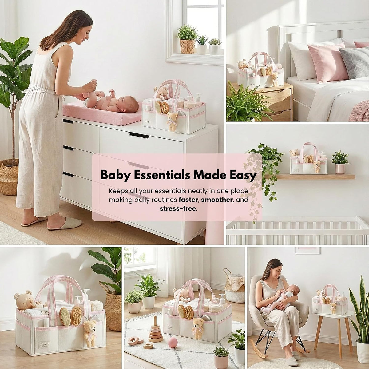 Diaper Caddy Organizer with Handle, Baby Shower Gifts Basket Bag, Registry Search Must Haves Items, Nursery Storage Organizer for Newborn Girl Boy, Baby Bag Essentials, Car Diaper Caddy Cart