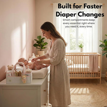 Diaper Caddy Organizer with Handle, Baby Shower Gifts Basket Bag, Registry Search Must Haves Items, Nursery Storage Organizer for Newborn Girl Boy, Baby Bag Essentials, Car Diaper Caddy Cart