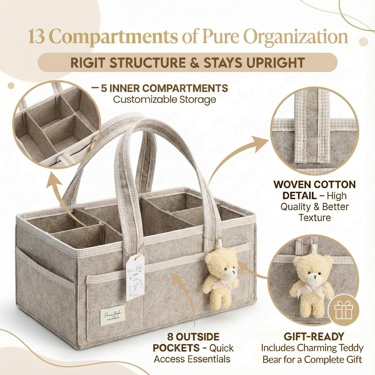 Diaper Caddy Organizer with Handle, Baby Shower Gifts Basket Bag, Registry Search Must Haves Items, Nursery Storage Organizer for Newborn Girl Boy, Baby Bag Essentials, Car Diaper Caddy Cart