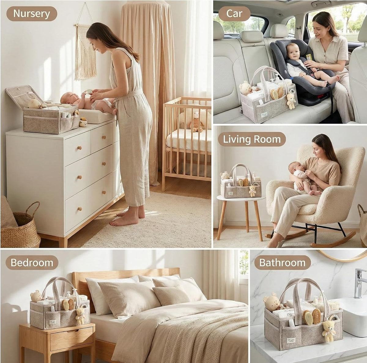 Diaper Caddy Organizer with Handle, Baby Shower Gifts Basket Bag, Registry Search Must Haves Items, Nursery Storage Organizer for Newborn Girl Boy, Baby Bag Essentials, Car Diaper Caddy Cart