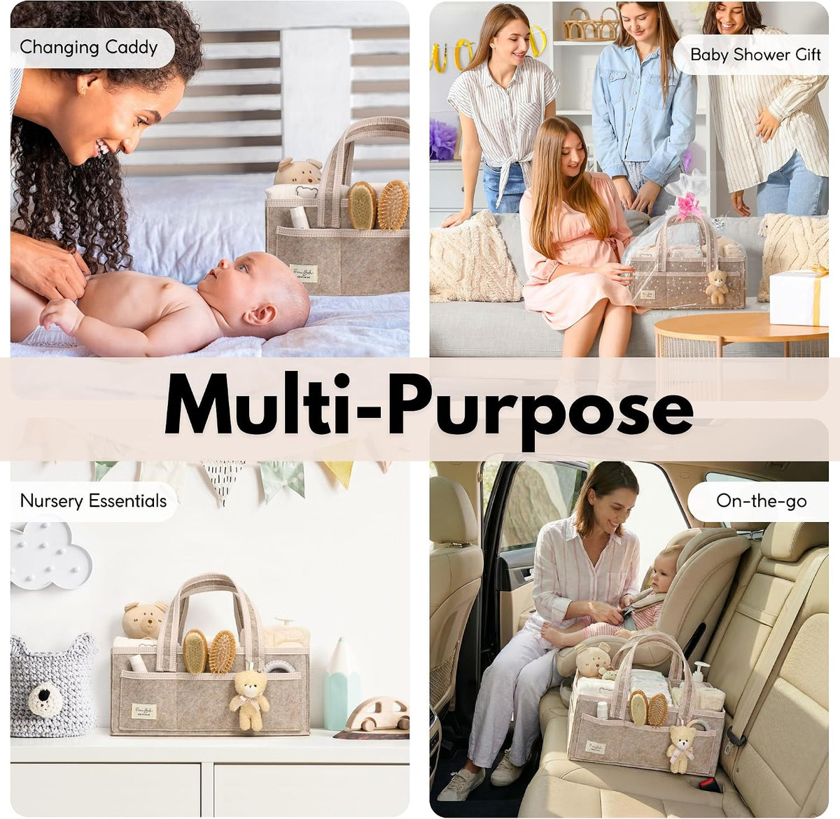 Diaper Caddy Organizer with Handle, Baby Shower Gifts Basket Bag, Registry Search Must Haves Items, Nursery Storage Organizer for Newborn Girl Boy, Baby Bag Essentials, Car Diaper Caddy Cart