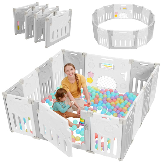 Baby Playpen, 14-Panel Foldable Play Pen for Babies 6-12 Months, Grey White