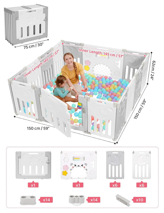 Baby Playpen, 14-Panel Foldable Play Pen for Babies 6-12 Months, Grey White