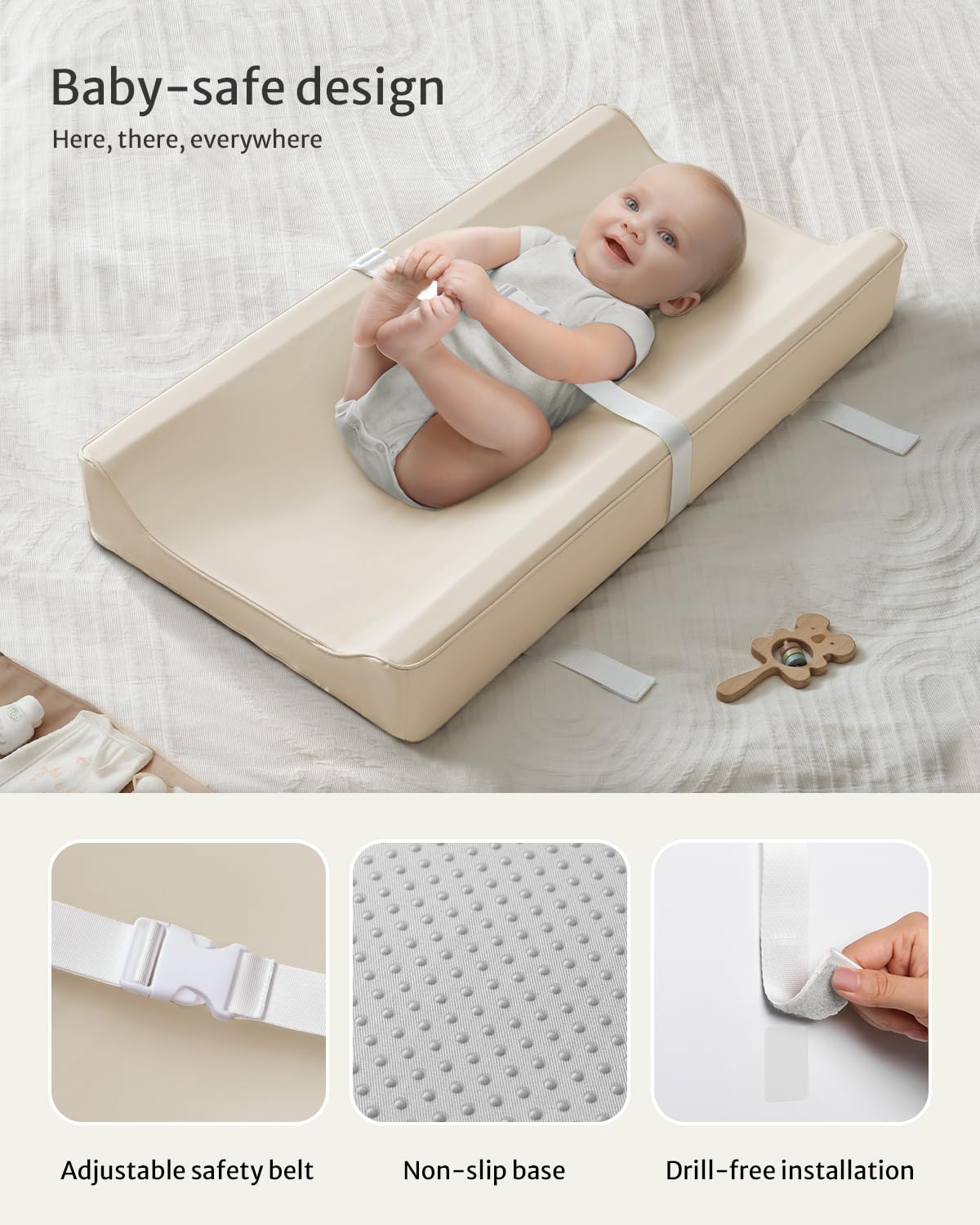 Vegan Leather Baby Changing Pad with Waterproof & Wipe-Clean PU Cover, Avocado Size Cozy Diaper Changing Pad for Dresser and Table, Taupe