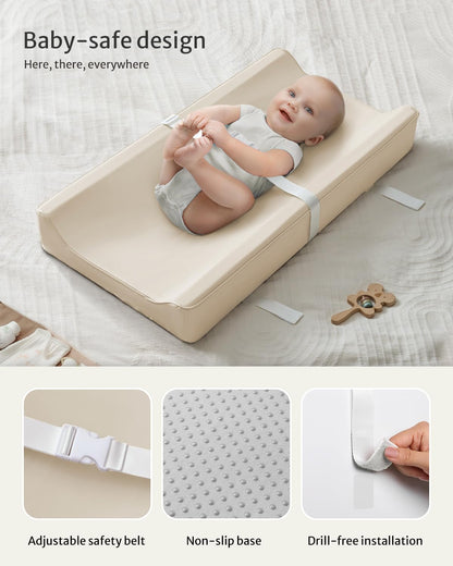Vegan Leather Baby Changing Pad with Waterproof & Wipe-Clean PU Cover, Avocado Size Cozy Diaper Changing Pad for Dresser and Table, Taupe