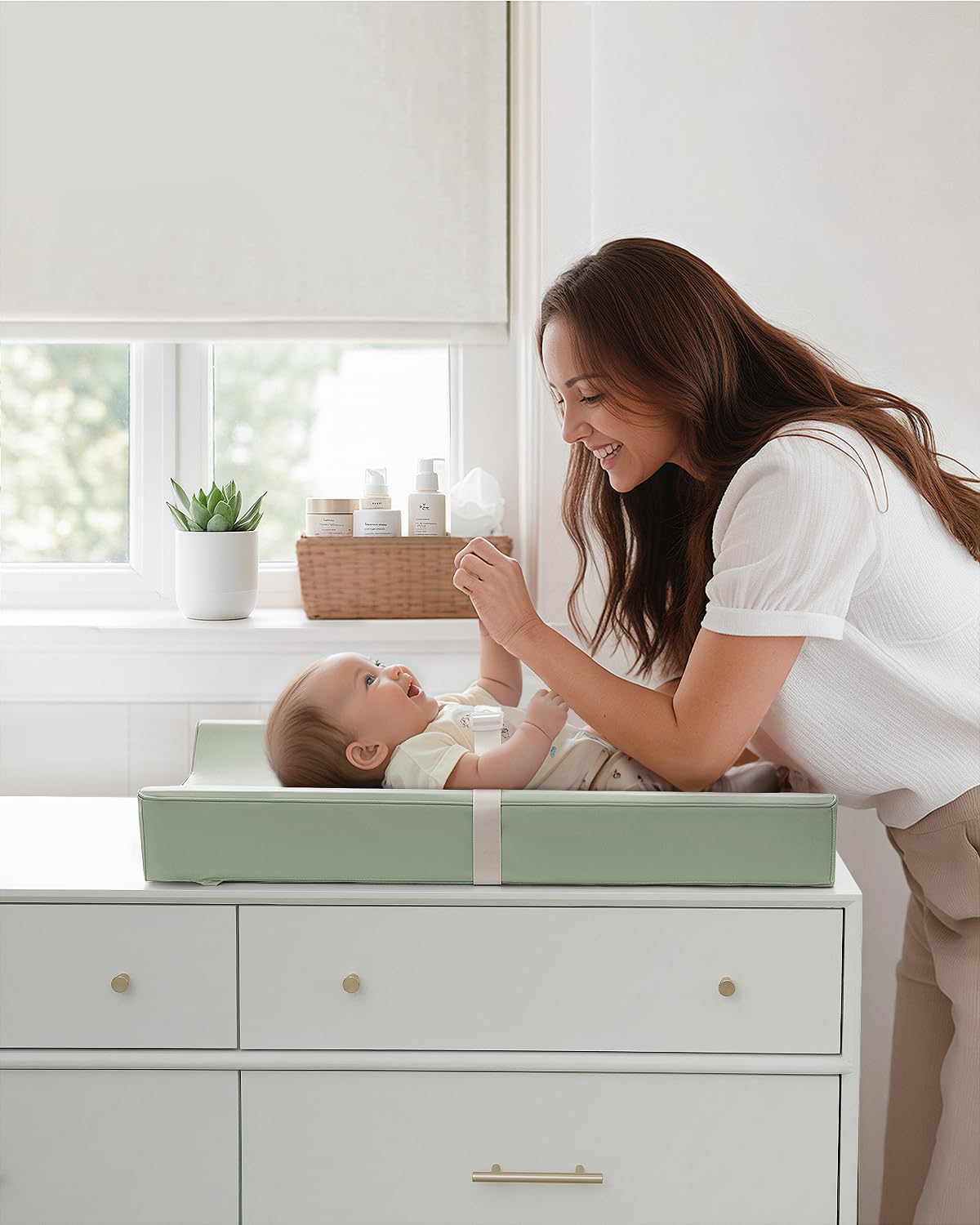 Vegan Leather Baby Changing Pad with Waterproof & Wipe-Clean PU Cover, Avocado Size Cozy Diaper Changing Pad for Dresser and Table, Taupe