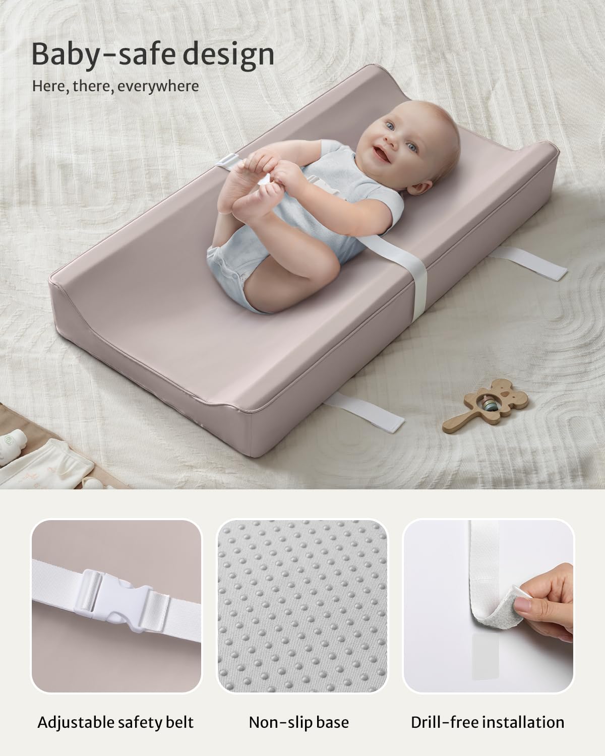 Vegan Leather Baby Changing Pad with Waterproof & Wipe-Clean PU Cover, Avocado Size Cozy Diaper Changing Pad for Dresser and Table, Taupe